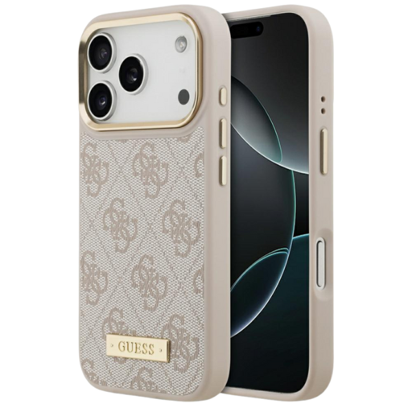 Guess 4G Logo Plate MagSafe dėklas Apple iPhone 17 Pro rožinės spalvos aprašymas - Prekės nuotrauka Guess 4G Logo Plate MagSafe dėklas Apple iPhone 17 Pro rožinės spalvos aprašymas - Prekės nuotrauka