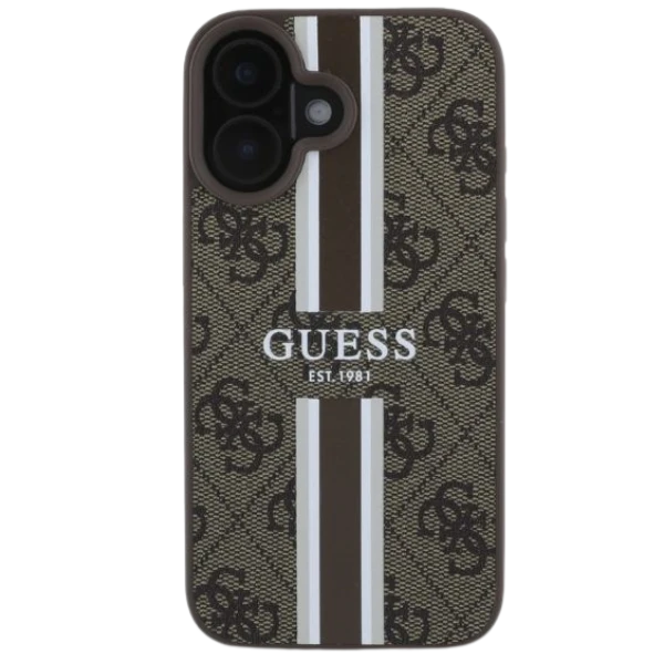 Guess 4G Printed Stripes MagSafe Apple iPhone 16 - dėklas telefonui rudos spalvos aprašymas - Prekės nuotrauka