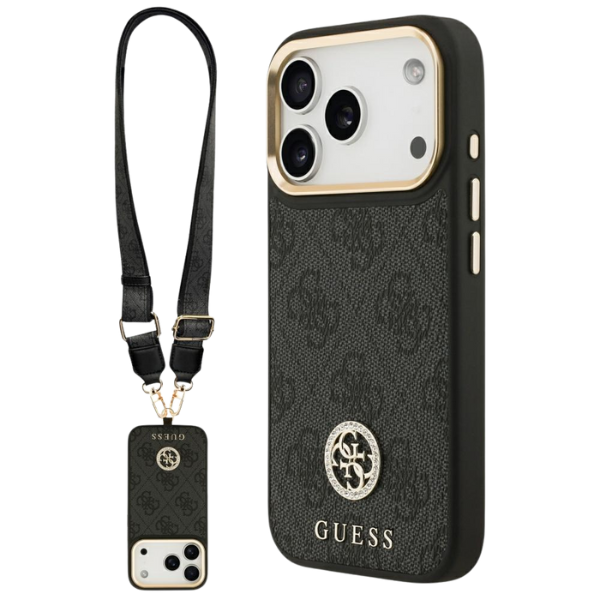 Guess 4G Strass Logo & Big Strap Metal Mygtukai MagSafe dėklas skirtas Apple iPhone 17 Pro juodos spalvos aprašymas - Prekės nuotrauka