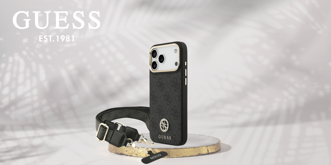 Guess 4G Strass Logo & Big Strap Metal Mygtukai MagSafe dėklas skirtas iPhone 17 Pro Max juodos spalvos aprašymas - Prekės nuotrauka