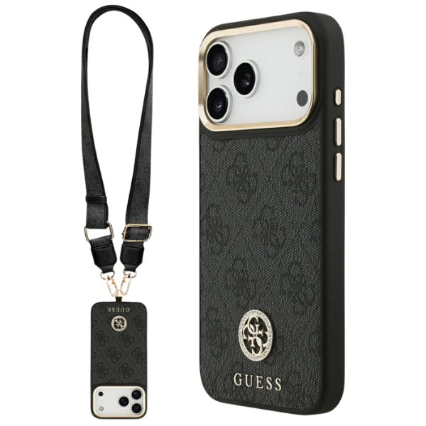 Guess 4G Strass Logo & Big Strap Metal Mygtukai MagSafe dėklas skirtas iPhone 17 Pro Max juodos spalvos aprašymas - Prekės nuotrauka