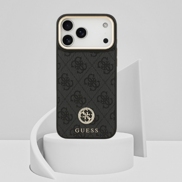Guess 4G Strass Logo & Big Strap Metal Mygtukai MagSafe dėklas skirtas iPhone 17 Pro Max juodos spalvos aprašymas - Prekės nuotrauka