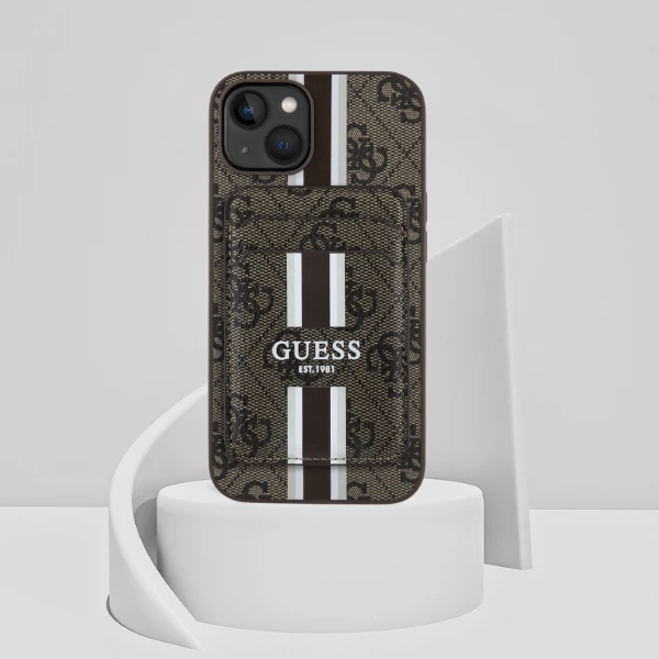 Guess 4G Stripes su krepšeliu Magsafe Apple iPhone 15 dėklas telefonui rudos spalvos aprašymas - Prekės nuotrauka