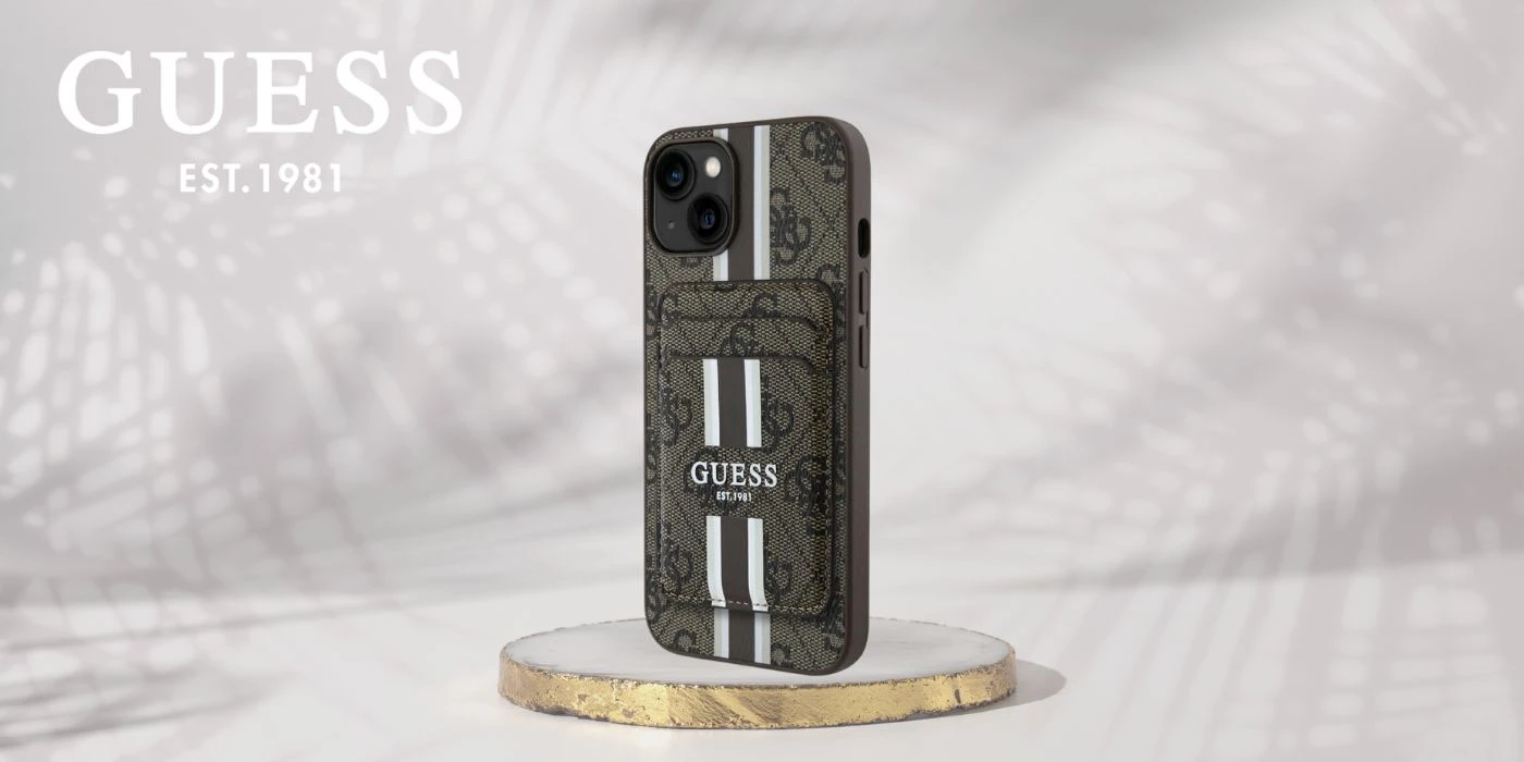 Guess 4G Stripes su krepšeliu Magsafe Apple iPhone 15 dėklas telefonui rudos spalvos aprašymas - Prekės nuotrauka