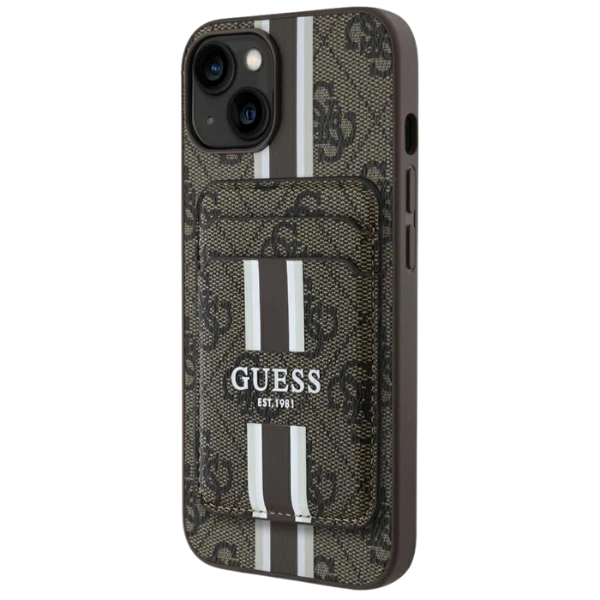 Guess 4G Stripes su krepšeliu Magsafe Apple iPhone 15 dėklas telefonui rudos spalvos aprašymas - Prekės nuotrauka