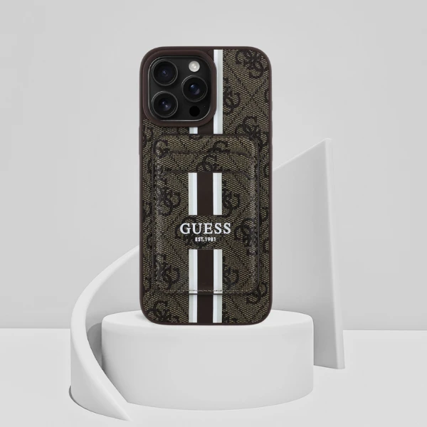 Guess 4G Stripes su portfelem Magsafe Apple iPhone 16 Pro Max dėklas telefonui rudos spalvos aprašymas - Prekės nuotrauka