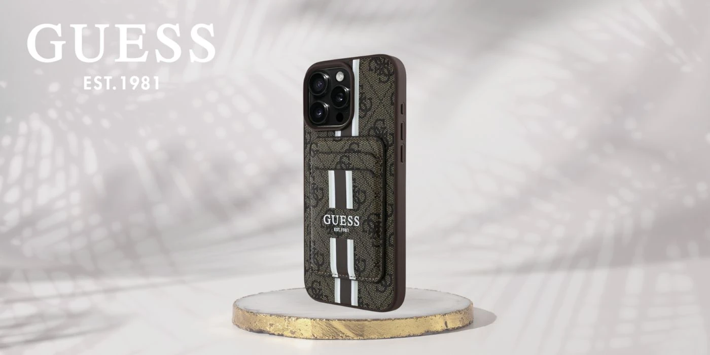 Guess 4G Stripes su portfelem Magsafe Apple iPhone 16 Pro Max dėklas telefonui rudos spalvos aprašymas - Prekės nuotrauka