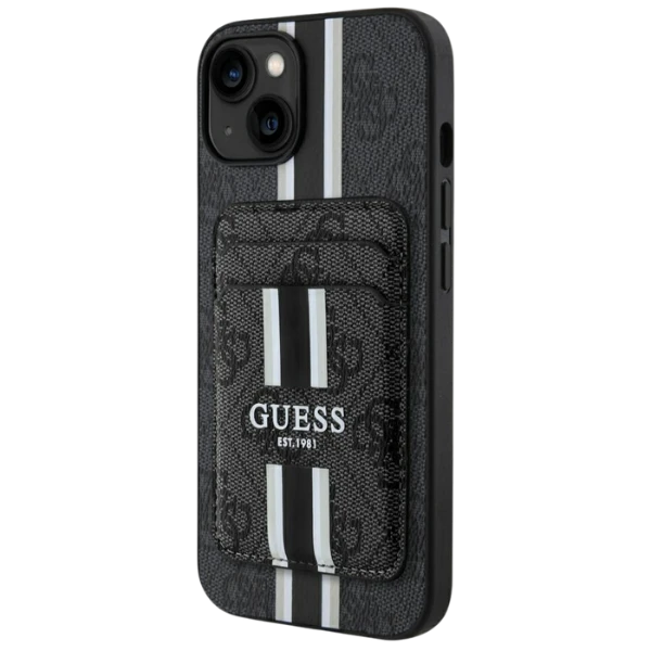 Guess 4G Stripes su portfelem Magsafe Apple iPhone 15 dėklas telefonui juodos spalvos aprašymas - Prekės nuotrauka