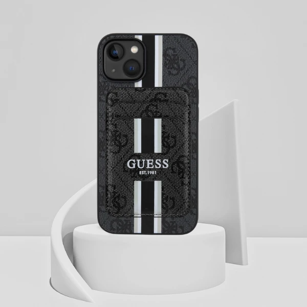 Guess 4G Stripes su portfelem Magsafe Apple iPhone 15 dėklas telefonui juodos spalvos aprašymas - Prekės nuotrauka