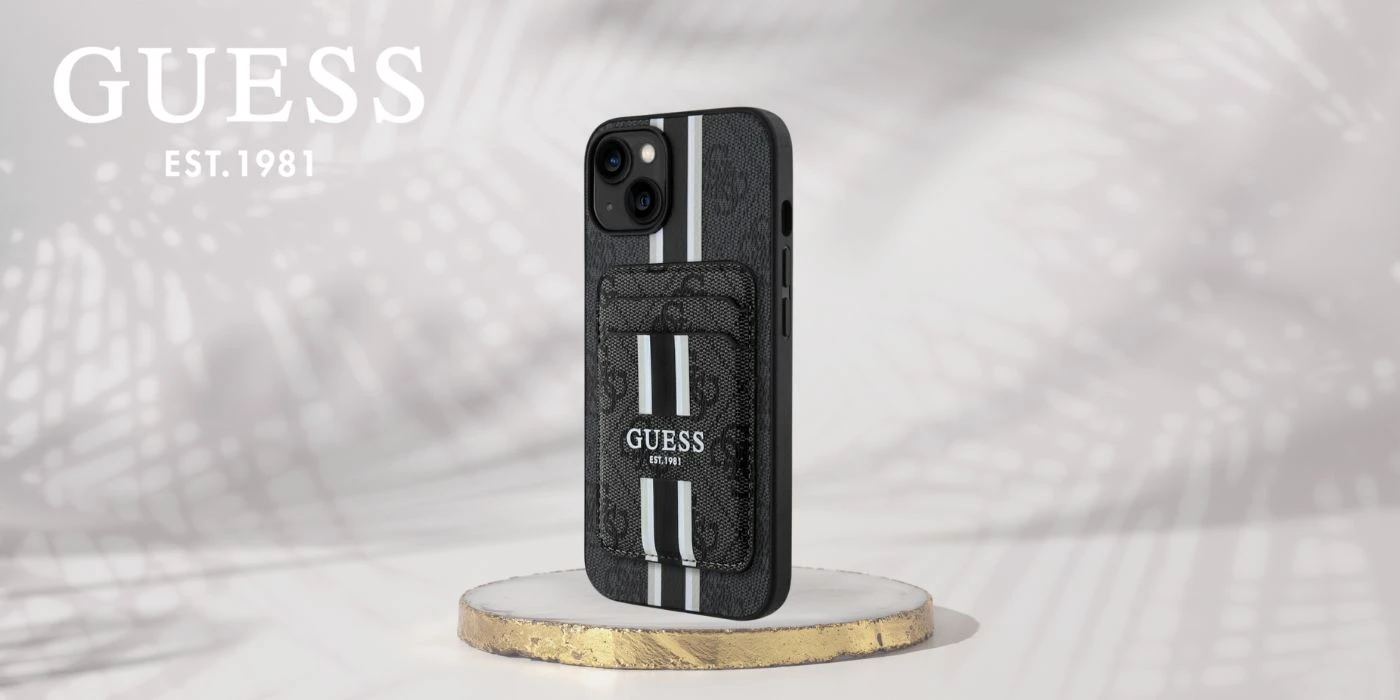 Guess 4G Stripes su portfelem Magsafe Apple iPhone 15 dėklas telefonui juodos spalvos aprašymas - Prekės nuotrauka