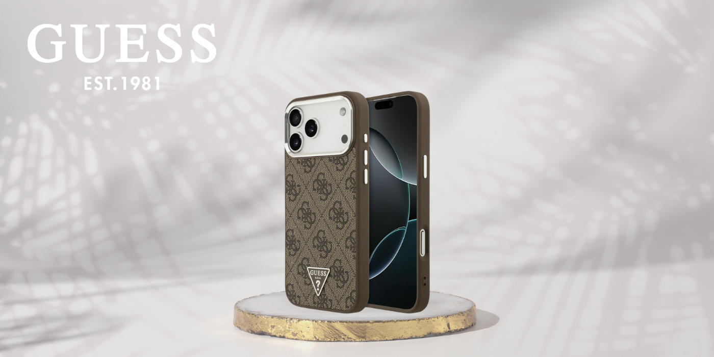 Guess 4G Triangle Logo MagSafe dėklas, skirtas iPhone 18 Pro Max / 17 Pro Max, rudas, sidabrinis aprašymas - Prekės nuotrauka