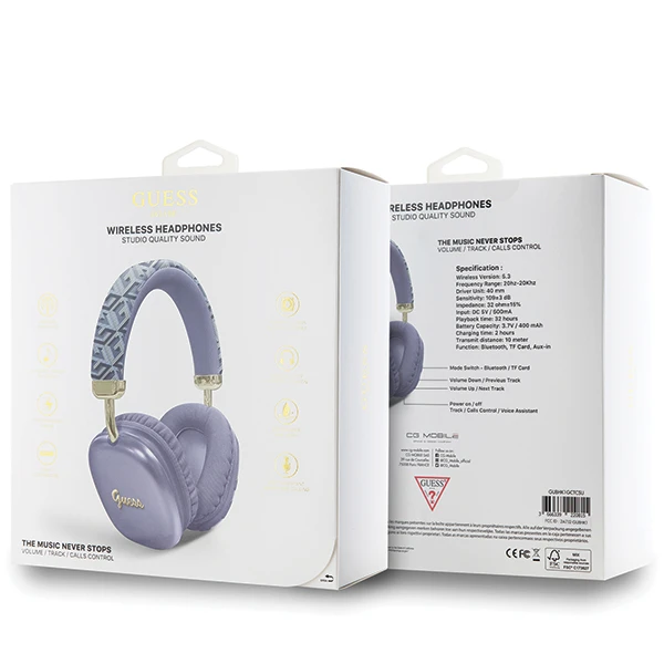 Guess Bluetooth on-ear ausinės GUBHK1GCTCSU violetinė/violetinė Gcube Metallic Script Logo aprašymas - Prekės nuotrauka Guess Bluetooth on-ear ausinės GUBHK1GCTCSU violetinė/violetinė Gcube Metallic Script Logo aprašymas - Prekės nuotrauka
