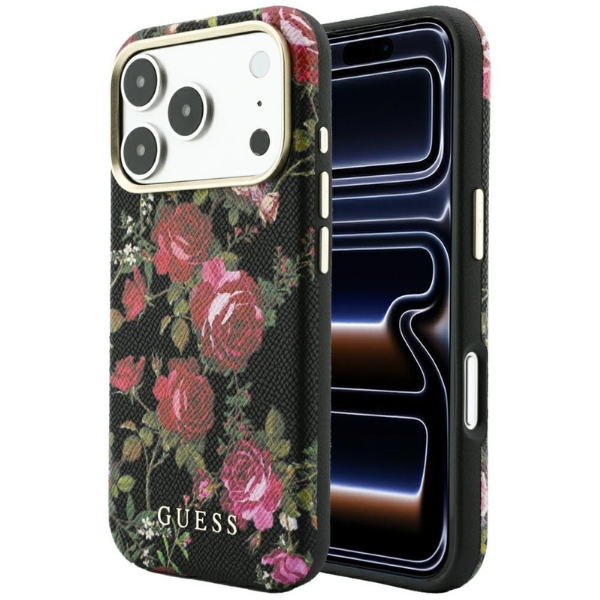 Guess Blossom Roses raštuotas MagSafe dėklas, skirtas iPhone 18 Pro / 17 Pro, juodas aprašymas - Prekės nuotrauka