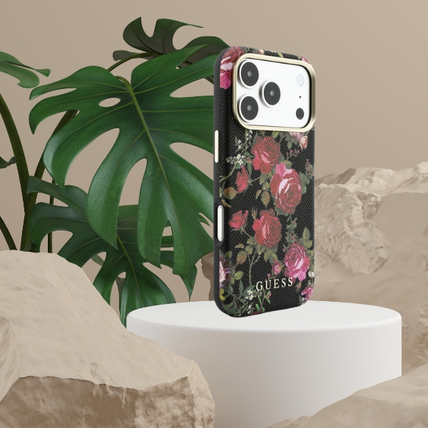 Guess Blossom Roses raštuotas MagSafe dėklas, skirtas iPhone 18 Pro / 17 Pro, juodas aprašymas - Prekės nuotrauka