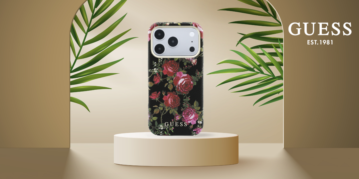 Guess Blossom Roses raštuotas MagSafe dėklas, skirtas iPhone 18 Pro Max / 17 Pro Max, juodas aprašymas - Prekės nuotrauka