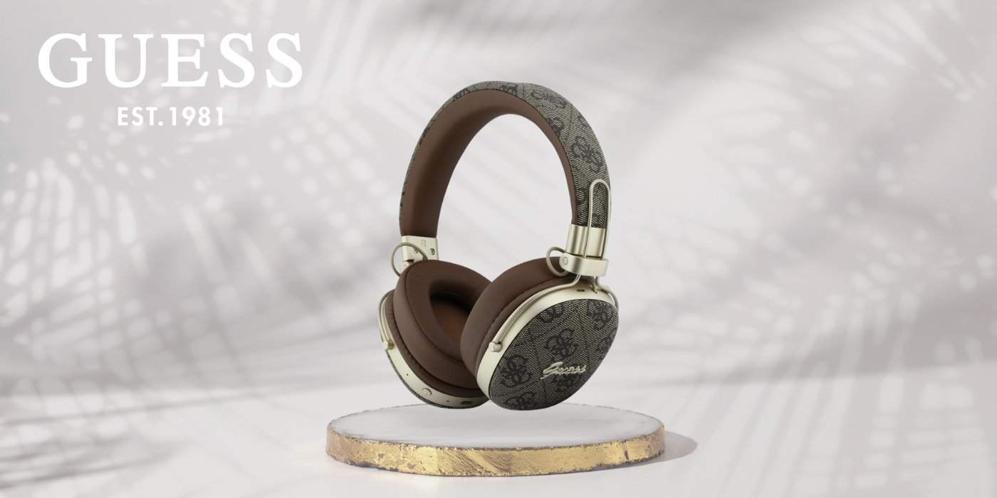 „Guess“ „Bluetooth“ ausinės ENC „Metal 4G Script Logo“, rudos spalvos aprašymas - Prekės nuotrauka