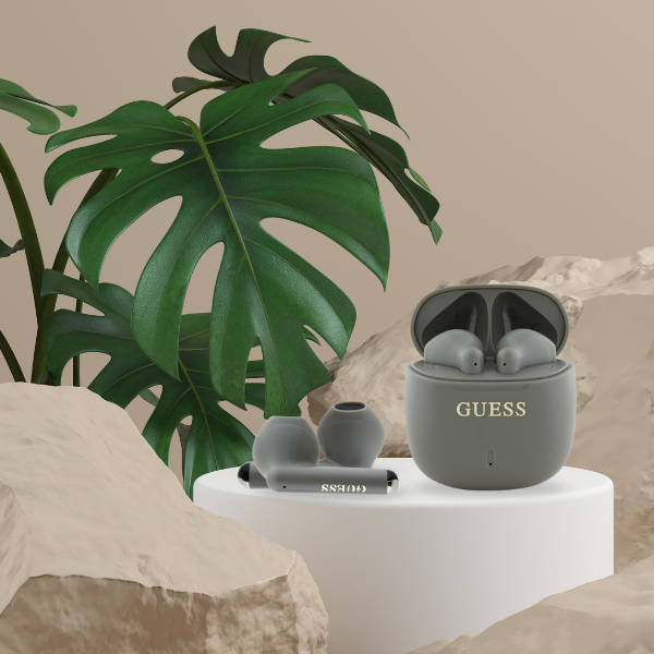 Guess Bluetooth ausinės GUTWSJ14ESGE TWS + įkrovimo stotelė taupe Printed Classic Logo aprašymas - Prekės nuotrauka