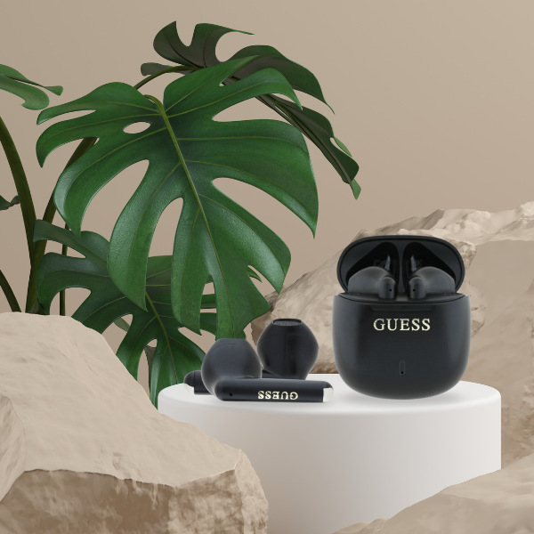 Guess Bluetooth ausinės GUTWSJ14ESGK TWS + docking station juodos spalvos Printed Classic Logo aprašymas - Prekės nuotrauka
