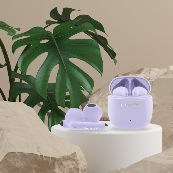 Guess Bluetooth ausinės GUTWSJ14ESGU TWS + docking station violetinė Printed Classic Logo aprašymas - Prekės nuotrauka