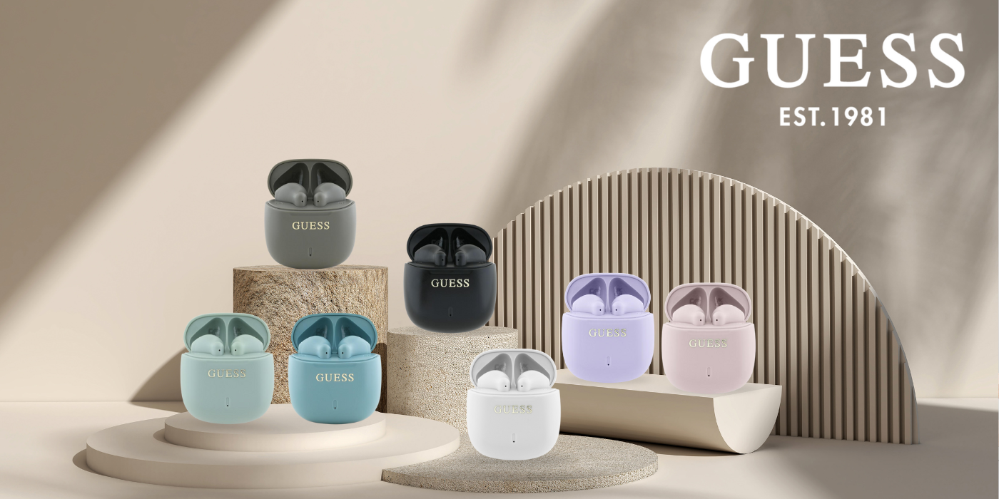 Guess Bluetooth ausinės GUTWSJ14ESGU TWS + docking station violetinė Printed Classic Logo aprašymas - Prekės nuotrauka