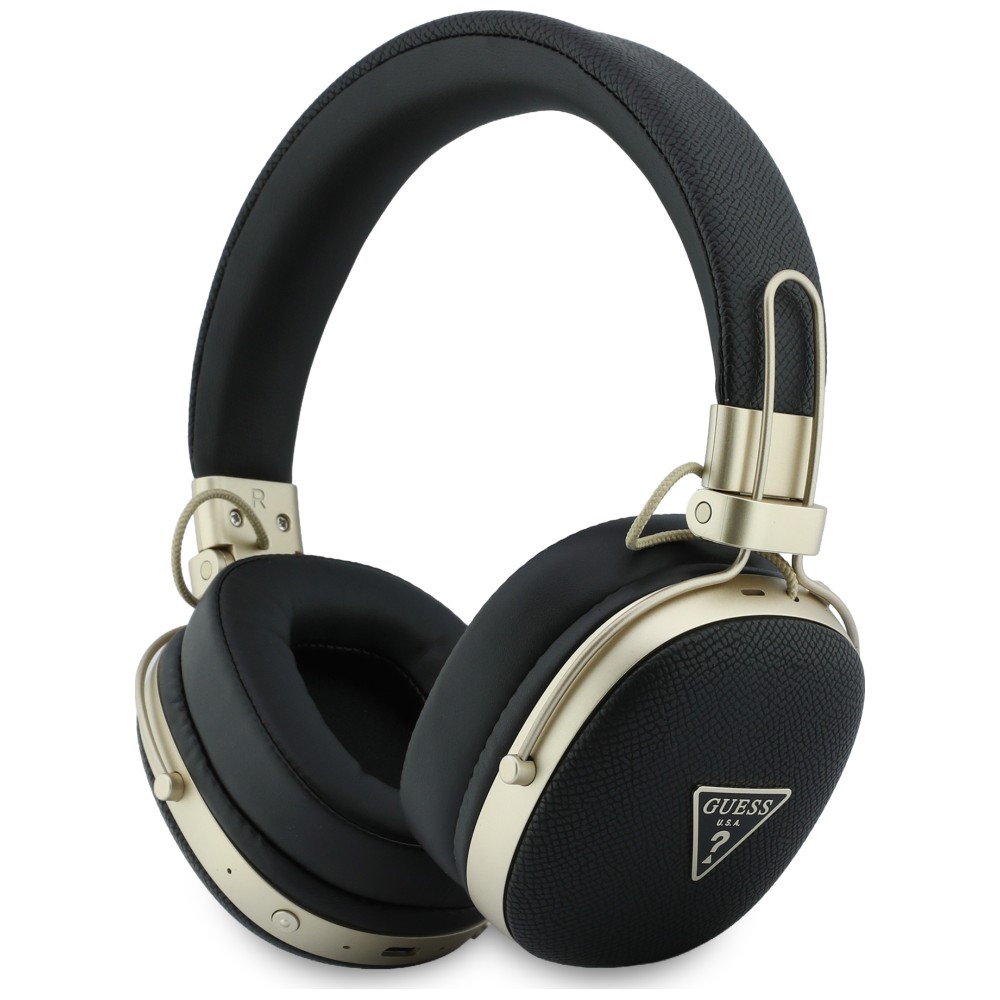 „Guess“ „Bluetooth“ ausinės su ENC, metaliniu grūdėtu trikampio logotipu, juodos spalvos aprašymas - Prekės nuotrauka