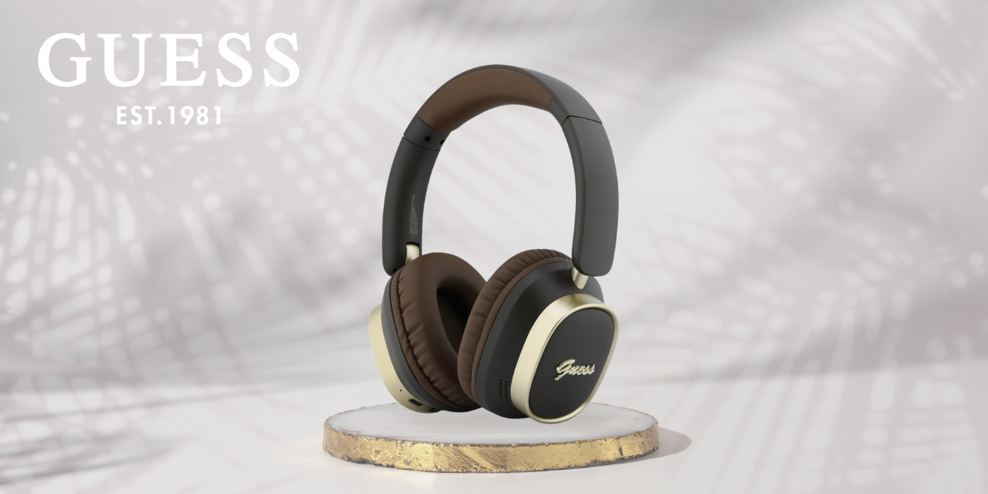 „Guess“ „Bluetooth“ ENC „Rectangle Metal Script“ ausinės, rudos spalvos aprašymas - Prekės nuotrauka