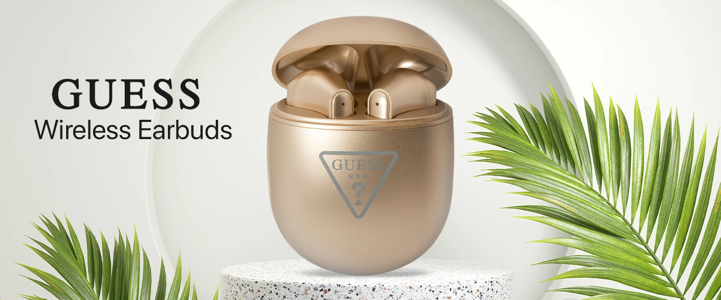 Ausinės Guess suchawki Bluetooth GUTWST82TRD TWS + stacja dokujca zoty/auksinis Triangle Logo aprašymas - Prekės nuotrauka