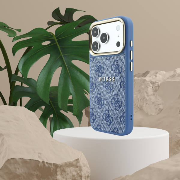 Guess Embossed 4G Classic MagSafe dėklas skirtas iPhone 18 Pro / iPhone 17 Pro mėlynas aprašymas - Prekės nuotrauka
