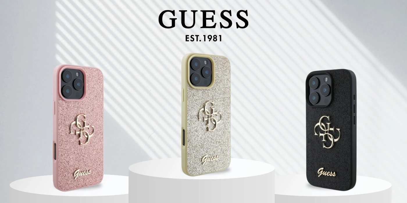 Guess Fixed Glitter Big 4G Apple iPhone 16 Pro – dėklas telefonui rožinės spalvos aprašymas - Prekės nuotrauka