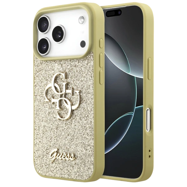 Guess Fixed Glitter Big 4G dėklas skirtas Apple iPhone 17 Pro aukso spalvos aprašymas - Prekės nuotrauka