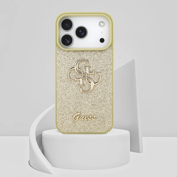 Guess Fixed Glitter Big 4G dėklas skirtas Apple iPhone 17 Pro aukso spalvos aprašymas - Prekės nuotrauka