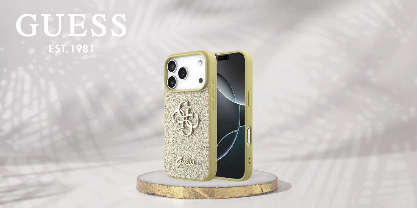 Guess Fixed Glitter Big 4G dėklas skirtas Apple iPhone 17 Pro aukso spalvos aprašymas - Prekės nuotrauka