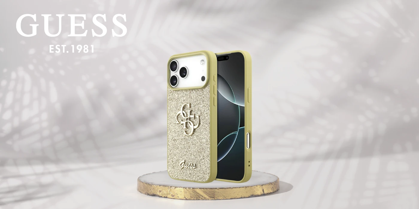Guess Fixed Glitter Big 4G dėklas skirtas Apple iPhone 17 Pro Max aukso spalvos aprašymas - Prekės nuotrauka