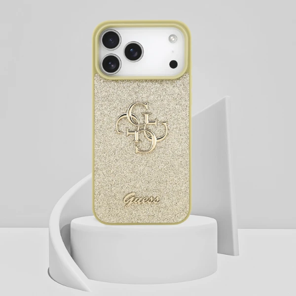 Guess Fixed Glitter Big 4G dėklas skirtas Apple iPhone 17 Pro Max aukso spalvos aprašymas - Prekės nuotrauka