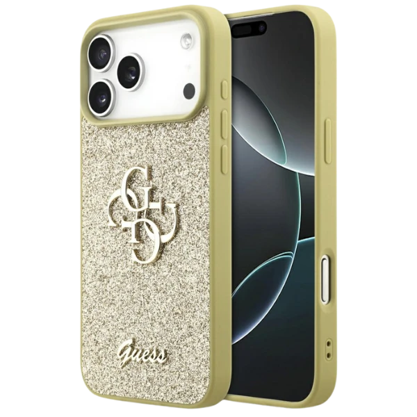Guess Fixed Glitter Big 4G dėklas skirtas Apple iPhone 17 Pro Max aukso spalvos aprašymas - Prekės nuotrauka