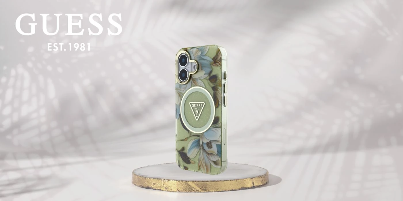 Guess Glitter Flowers Triangle Mygtukai MagSafe Apple iPhone 16 dėklas telefonui žalios spalvos aprašymas - Prekės nuotrauka Guess Glitter Flowers Triangle Mygtukai MagSafe Apple iPhone 16 dėklas telefonui žalios spalvos aprašymas - Prekės nuotrauka