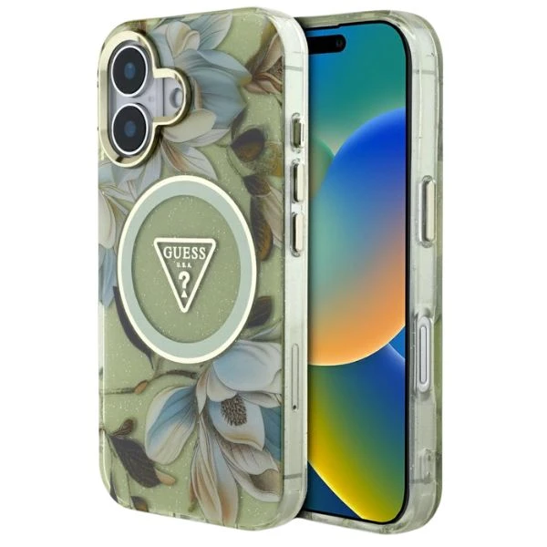 Guess Glitter Flowers Triangle Mygtukai MagSafe Apple iPhone 16 dėklas telefonui žalios spalvos aprašymas - Prekės nuotrauka Guess Glitter Flowers Triangle Mygtukai MagSafe Apple iPhone 16 dėklas telefonui žalios spalvos aprašymas - Prekės nuotrauka