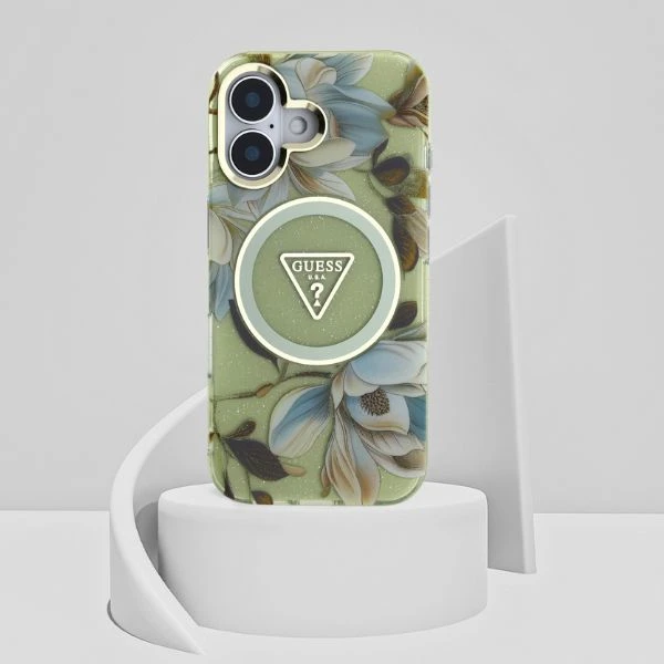 Guess Glitter Flowers Triangle Mygtukai MagSafe Apple iPhone 16 dėklas telefonui žalios spalvos aprašymas - Prekės nuotrauka Guess Glitter Flowers Triangle Mygtukai MagSafe Apple iPhone 16 dėklas telefonui žalios spalvos aprašymas - Prekės nuotrauka