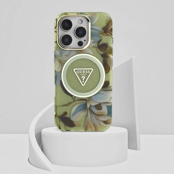 Guess Glitter Flowers Triangle Mygtukai MagSafe Apple iPhone 16 Pro Max dėklas telefonui žalios spalvos aprašymas - Prekės nuotrauka Guess Glitter Flowers Triangle Mygtukai MagSafe Apple iPhone 16 Pro Max dėklas telefonui žalios spalvos aprašymas - Prekės nuotrauka