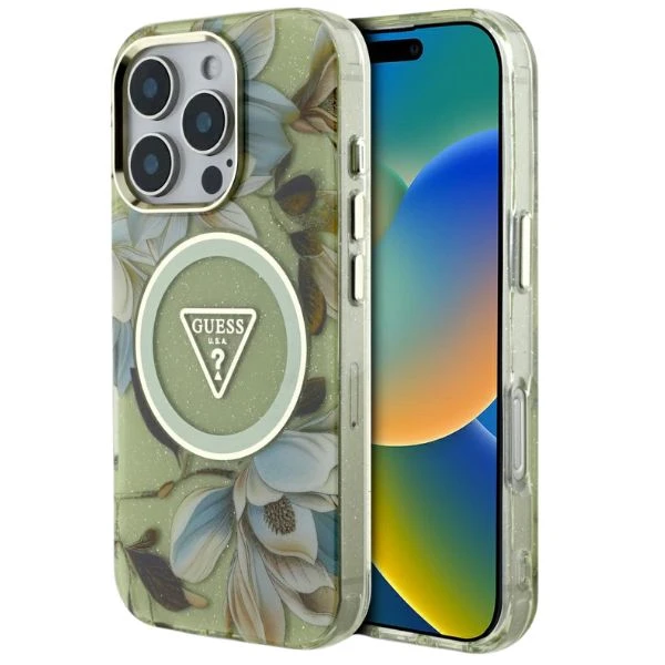Guess Glitter Flowers Triangle Mygtukai MagSafe Apple iPhone 16 Pro Max dėklas telefonui žalios spalvos aprašymas - Prekės nuotrauka Guess Glitter Flowers Triangle Mygtukai MagSafe Apple iPhone 16 Pro Max dėklas telefonui žalios spalvos aprašymas - Prekės nuotrauka