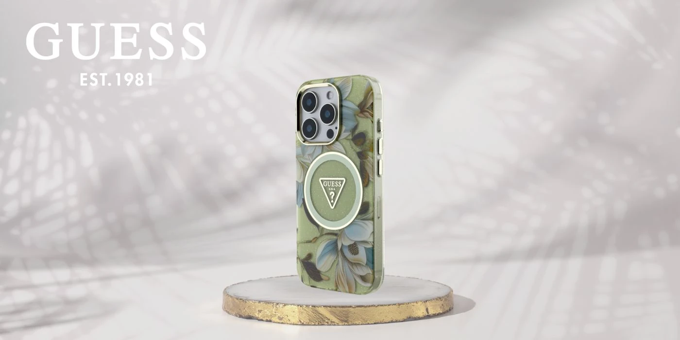 Guess Glitter Flowers Triangle Mygtukai MagSafe Apple iPhone 16 Pro Max dėklas telefonui žalios spalvos aprašymas - Prekės nuotrauka Guess Glitter Flowers Triangle Mygtukai MagSafe Apple iPhone 16 Pro Max dėklas telefonui žalios spalvos aprašymas - Prekės nuotrauka
