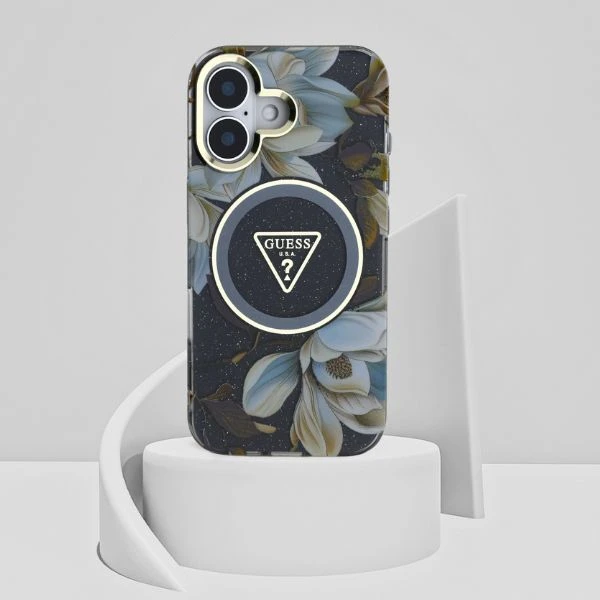 Guess Glitter Flowers Triangle Mygtukai MagSafe Apple iPhone 16 dėklas telefonui juodos spalvos aprašymas - Prekės nuotrauka Guess Glitter Flowers Triangle Mygtukai MagSafe Apple iPhone 16 dėklas telefonui juodos spalvos aprašymas - Prekės nuotrauka