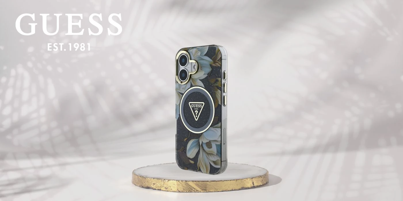 Guess Glitter Flowers Triangle Mygtukai MagSafe Apple iPhone 16 dėklas telefonui juodos spalvos aprašymas - Prekės nuotrauka Guess Glitter Flowers Triangle Mygtukai MagSafe Apple iPhone 16 dėklas telefonui juodos spalvos aprašymas - Prekės nuotrauka