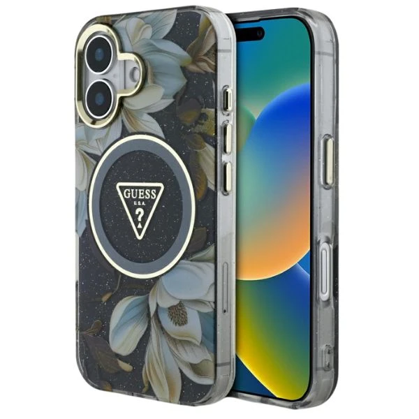 Guess Glitter Flowers Triangle Mygtukai MagSafe Apple iPhone 16 dėklas telefonui juodos spalvos aprašymas - Prekės nuotrauka Guess Glitter Flowers Triangle Mygtukai MagSafe Apple iPhone 16 dėklas telefonui juodos spalvos aprašymas - Prekės nuotrauka