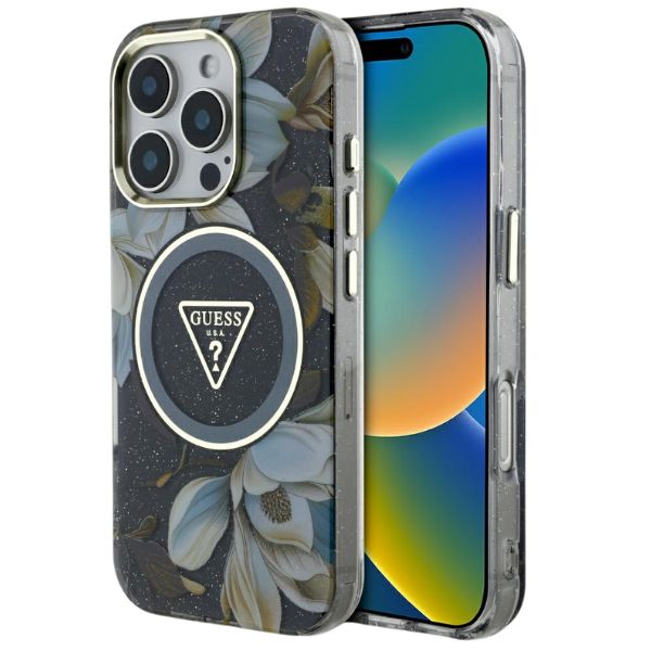 Guess Glitter Flowers Triangle Mygtukai MagSafe Apple iPhone 16 Pro Max dėklas telefonui juodos spalvos aprašymas - Prekės nuotrauka Guess Glitter Flowers Triangle Mygtukai MagSafe Apple iPhone 16 Pro Max dėklas telefonui juodos spalvos aprašymas - Prekės nuotrauka