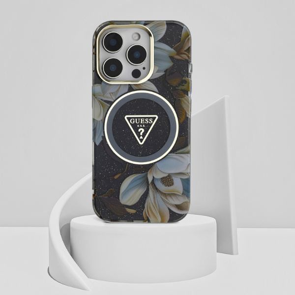 Guess Glitter Flowers Triangle Mygtukai MagSafe Apple iPhone 16 Pro Max dėklas telefonui juodos spalvos aprašymas - Prekės nuotrauka Guess Glitter Flowers Triangle Mygtukai MagSafe Apple iPhone 16 Pro Max dėklas telefonui juodos spalvos aprašymas - Prekės nuotrauka