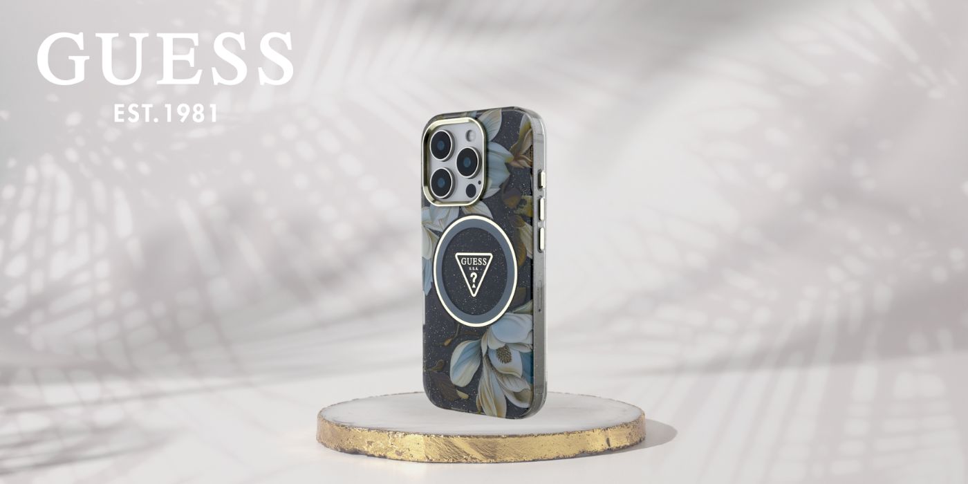 Guess Glitter Flowers Triangle Mygtukai MagSafe Apple iPhone 16 Pro Max dėklas telefonui juodos spalvos aprašymas - Prekės nuotrauka Guess Glitter Flowers Triangle Mygtukai MagSafe Apple iPhone 16 Pro Max dėklas telefonui juodos spalvos aprašymas - Prekės nuotrauka