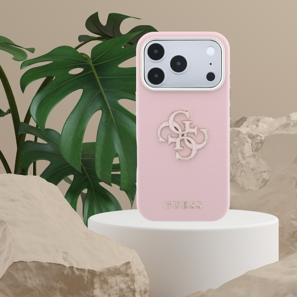 Guess Grained & Big Resin Logo dėklas, skirtas iPhone 18 Pro / 17 Pro – rožinis aprašymas - Prekės nuotrauka