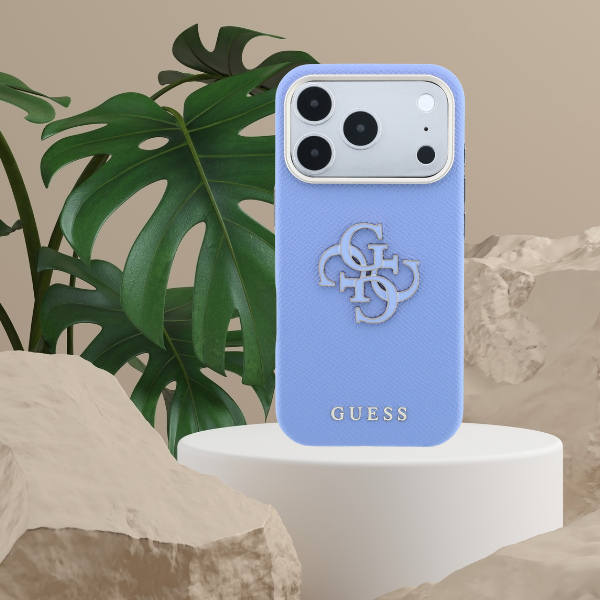 Guess Grained & Big Resin Logo dėklas, skirtas iPhone 18 Pro / 17 Pro, mėlynas aprašymas - Prekės nuotrauka