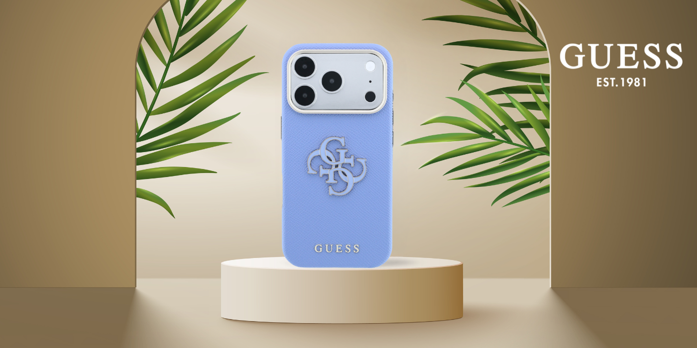 Guess Grained & Big Resin Logo dėklas, skirtas iPhone 18 Pro / 17 Pro, mėlynas aprašymas - Prekės nuotrauka